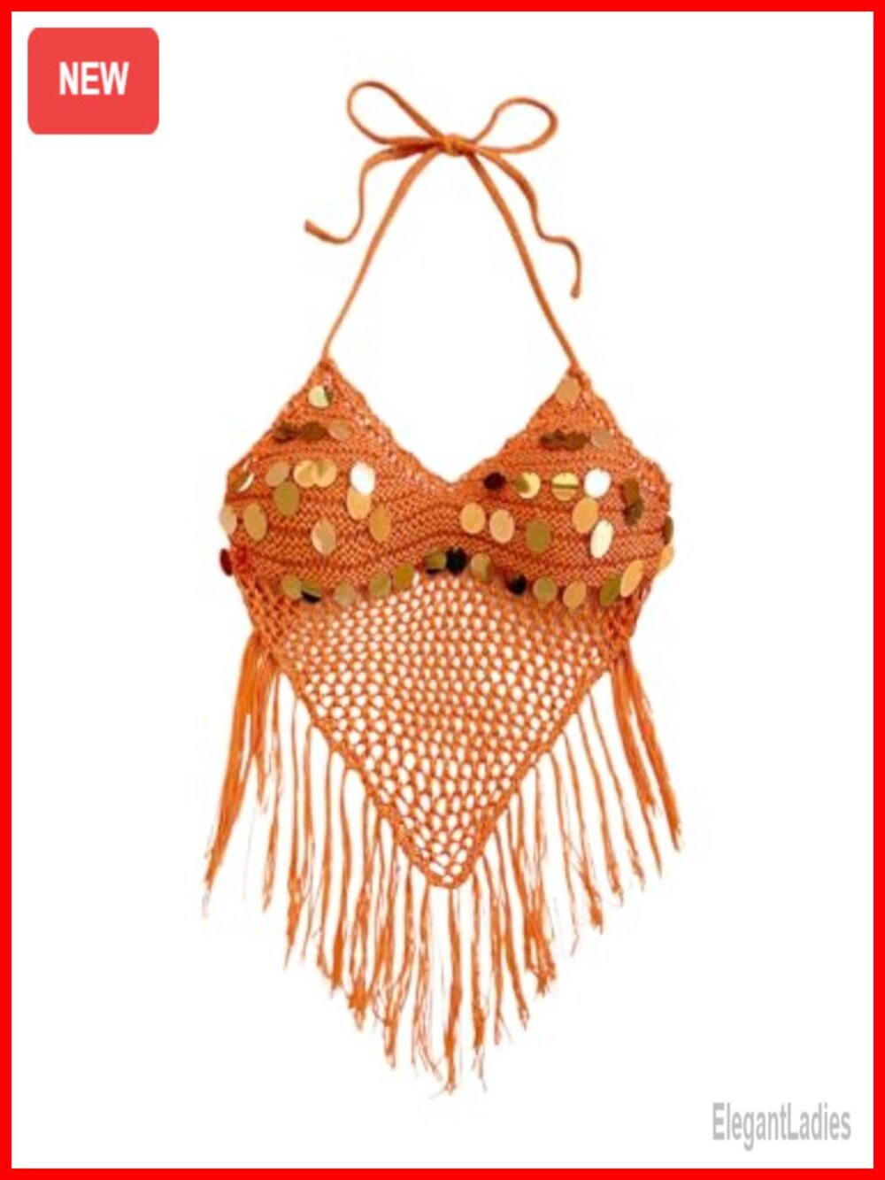 Sequin Halter Top Boho Tie Backless Asymmetrical Fringe Cropped